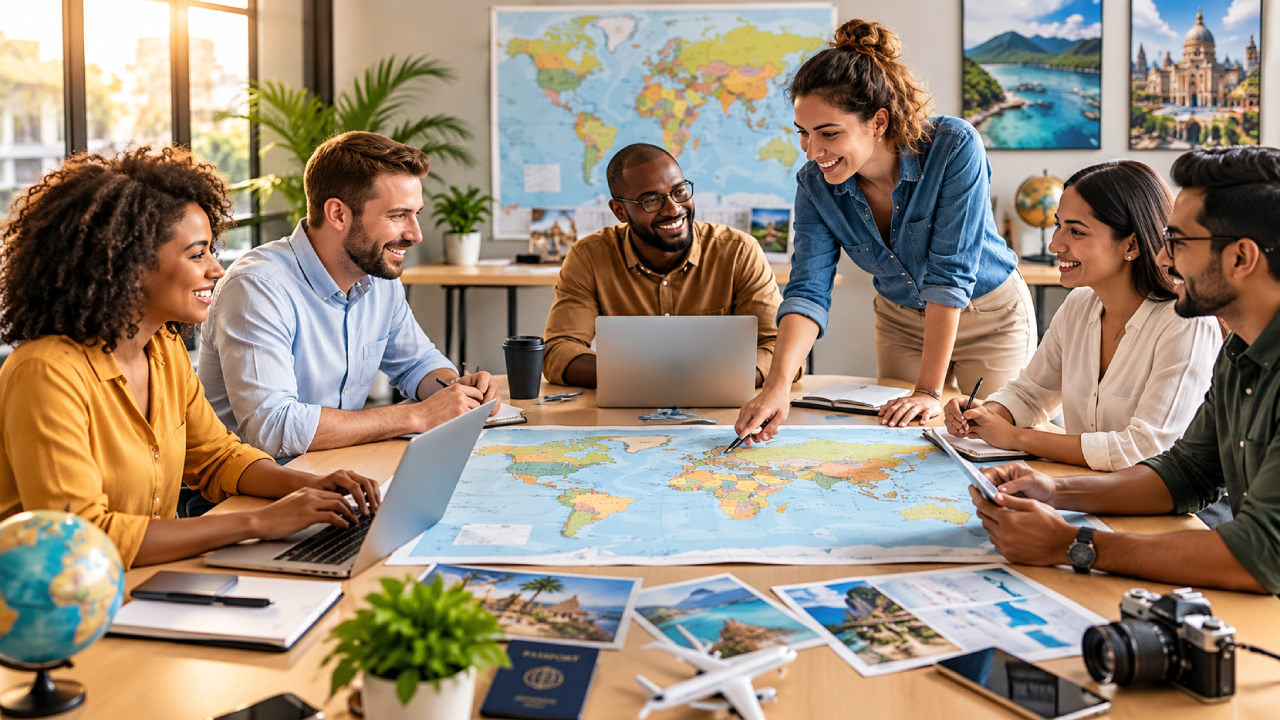 A team planning travel together around a world map