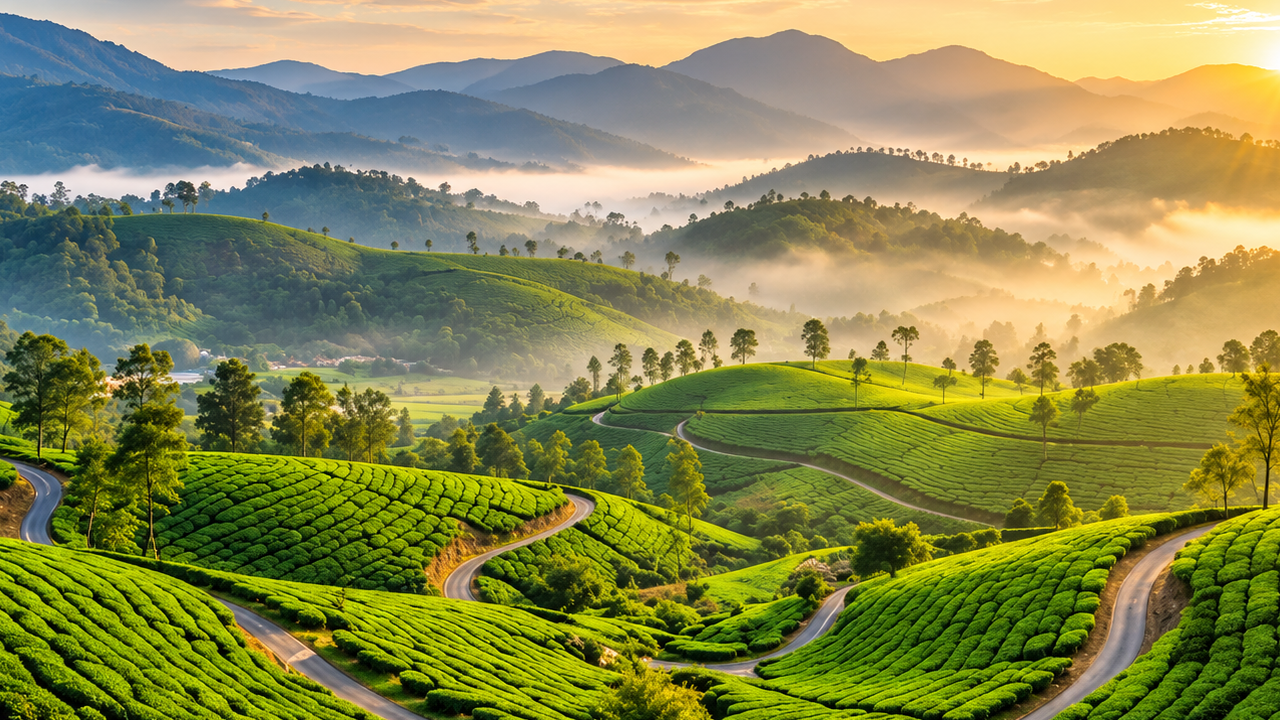 Misty tea hills in India